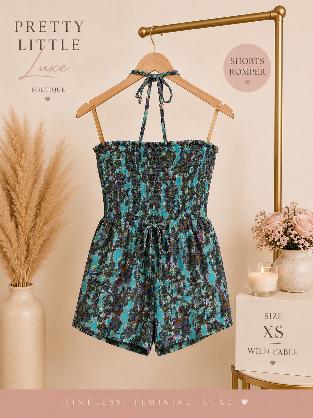 Wild Fable Blue Paisley Smocked Halter Romper XSmall
